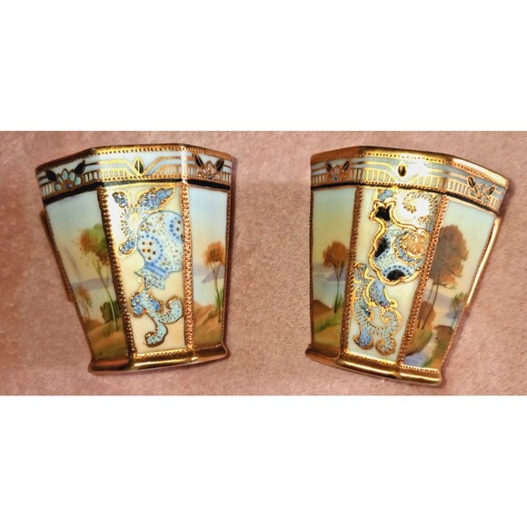 Antique Nippon Hand Painted Porcelain Chocolate Cups Marked Gold Gilt Blue - Picture 8 of 8